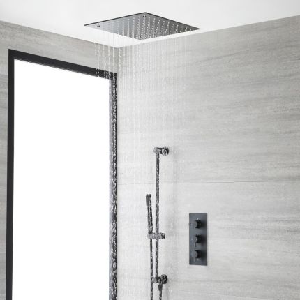 Kit de douche thermostatique avec mitigeur, pommeau de douche encastré et kit douchette sur rampe – Noir - Nox