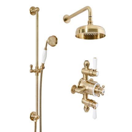 Kit de douche thermostatique exposé – 2 fonctions – Pommeau Ø 20,5 cm et douchette sur rampe – Or satiné – Elizabeth