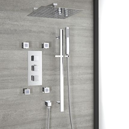 Kit de douche thermostatique avec inverseur – Pommeau, buses hydromassantes et kit douchette sur rampe – 3 fonctions – Chromé - Kubix