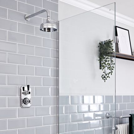 Kit de douche thermostatique 1 fonction - Pommeau rond Ø 15 cm - Bras mural – Chromé et noir - Elizabeth