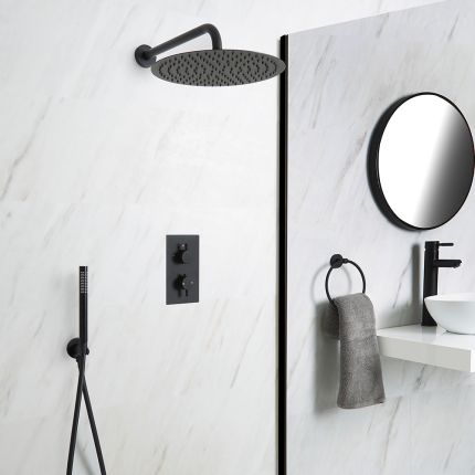 Kit de douche thermostatique avec mitigeur avec inverseur, pommeau rond et douchette – 2 fonctions – Noir - Nox