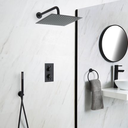 Kit de douche thermostatique avec inverseur, pommeau carré et douchette – 2 fonctions – Noir – Nox