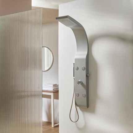 Colonne de douche moderne avec pommeau, douchette et jets – Argent mat – Alston