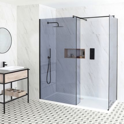 Douche italienne d’angle verre fumé – Receveur de douche – Paroi de retour pivotante en option – Choix de tailles – Nox-Luna