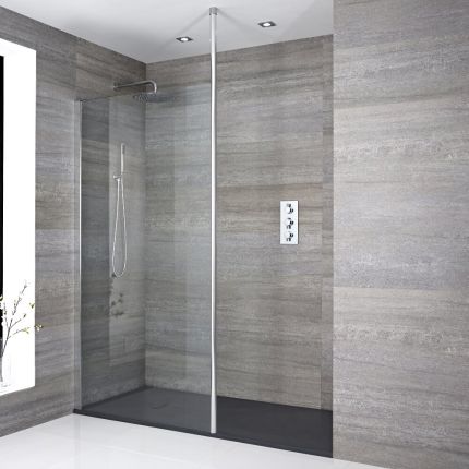 Paroi de douche 80x195cm avec bras stabilisateur recoupable & Receveur Anthracite 140x90cm Sera