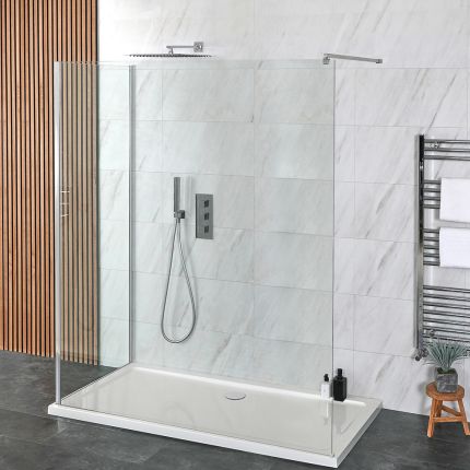 Douche italienne à 2 parois – Chromé – Receveur de douche – Choix de tailles et paroi de retour pivotante en option – Portland