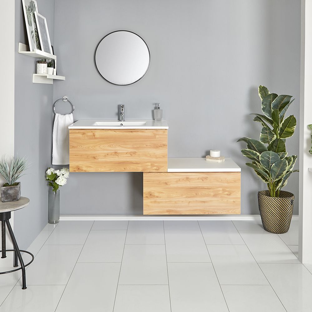 Meuble salle de bain avec vasque - 140 cm - Effet chêne & blanc - Newington
