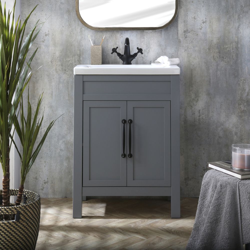 Meuble lavabo rétro avec lavabo – 60 cm – Gris clair – Choix de Poignées – Warwick