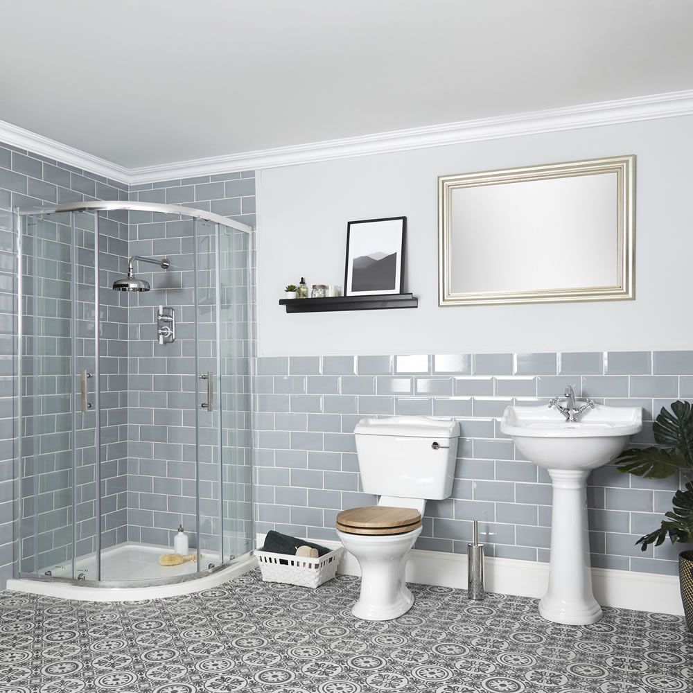 Ensemble de salle de bain rétro - Cabine de douche, pack WC et lavabo sur colonne – Ryther