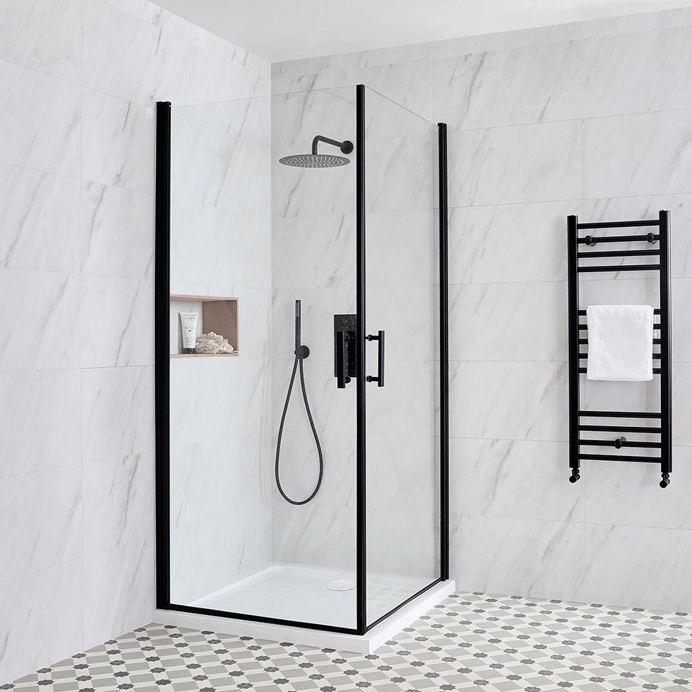 Cabine de douche d’angle à double portes pivotantes – Avec receveur – Noir – Choix de tailles - Nox