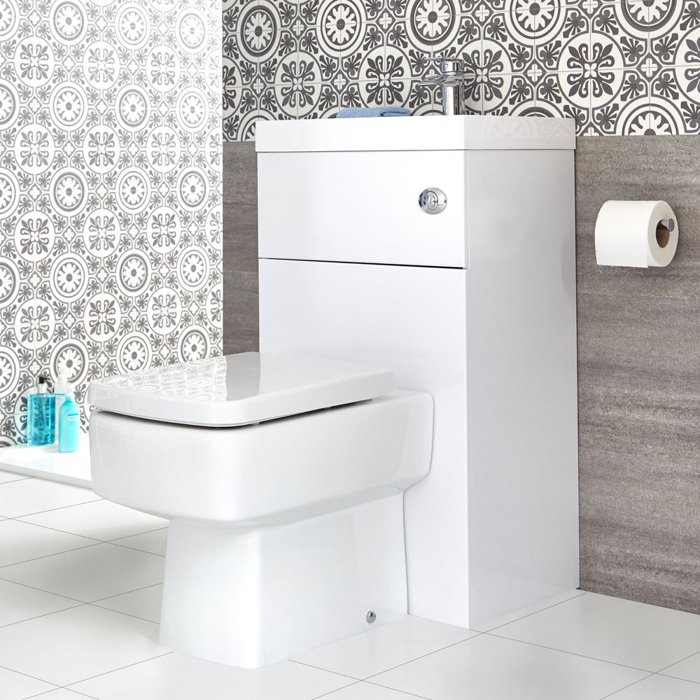 Meuble WC avec cuvette cubique et lave-main moderne – Blanc – 50 cm x 89 cm - Cluo
