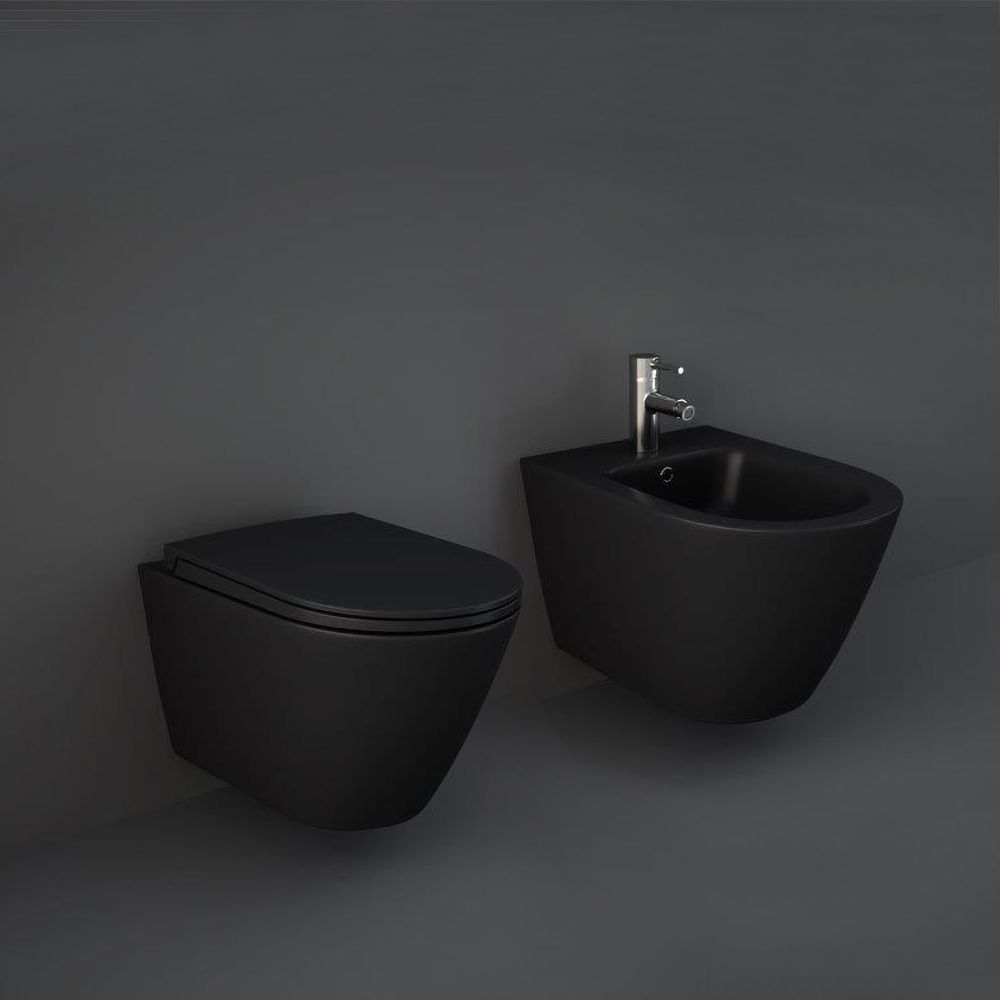 Bidet et cuvette WC suspendus moderne avec abattant à fermeture douce – Sans bride – Noir mat – RAK Feeling x Hudson Reed