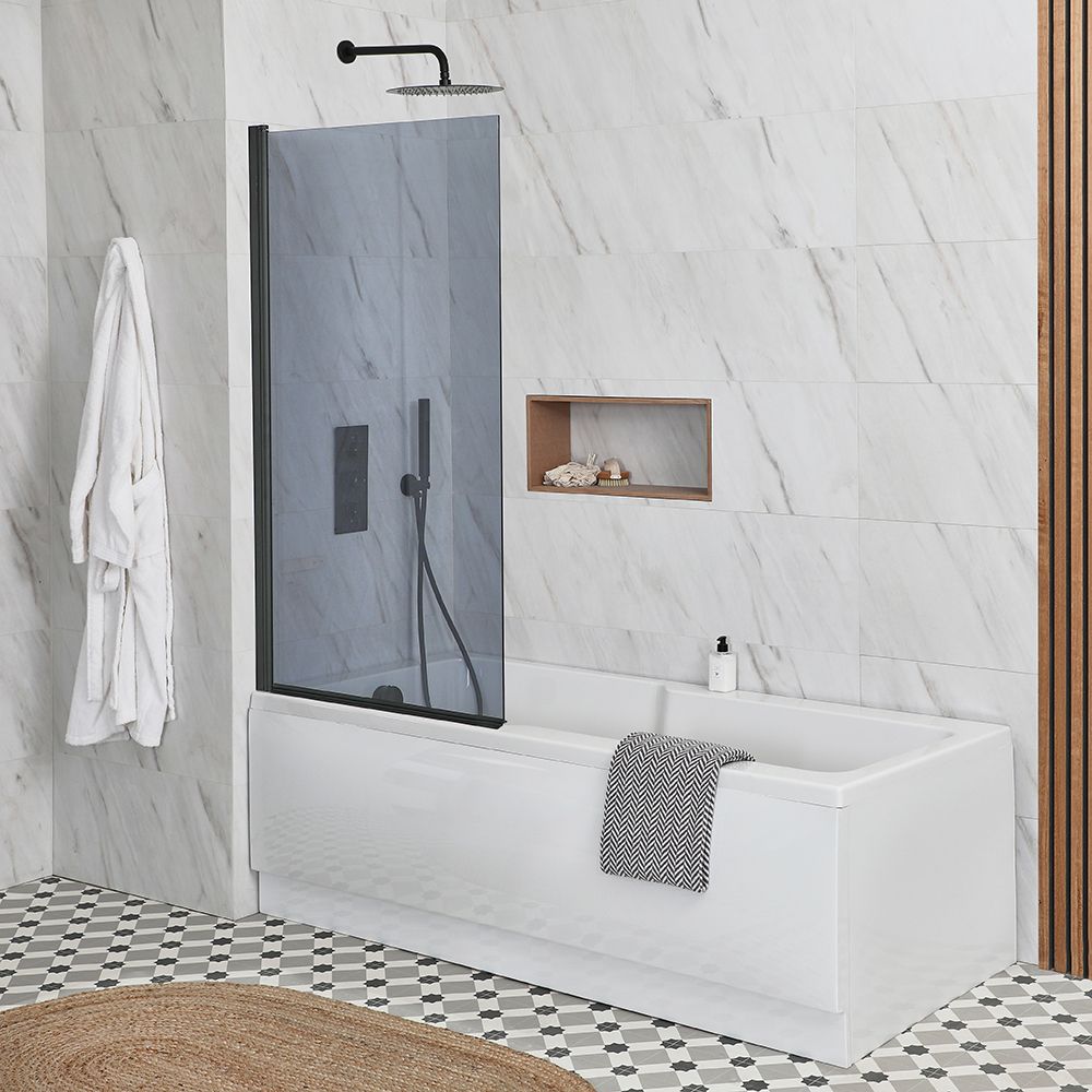 Baignoire rectangulaire avec pare-baignoire verre fumé – 170 cm x 75 cm – Choix de tabliers – Sandford