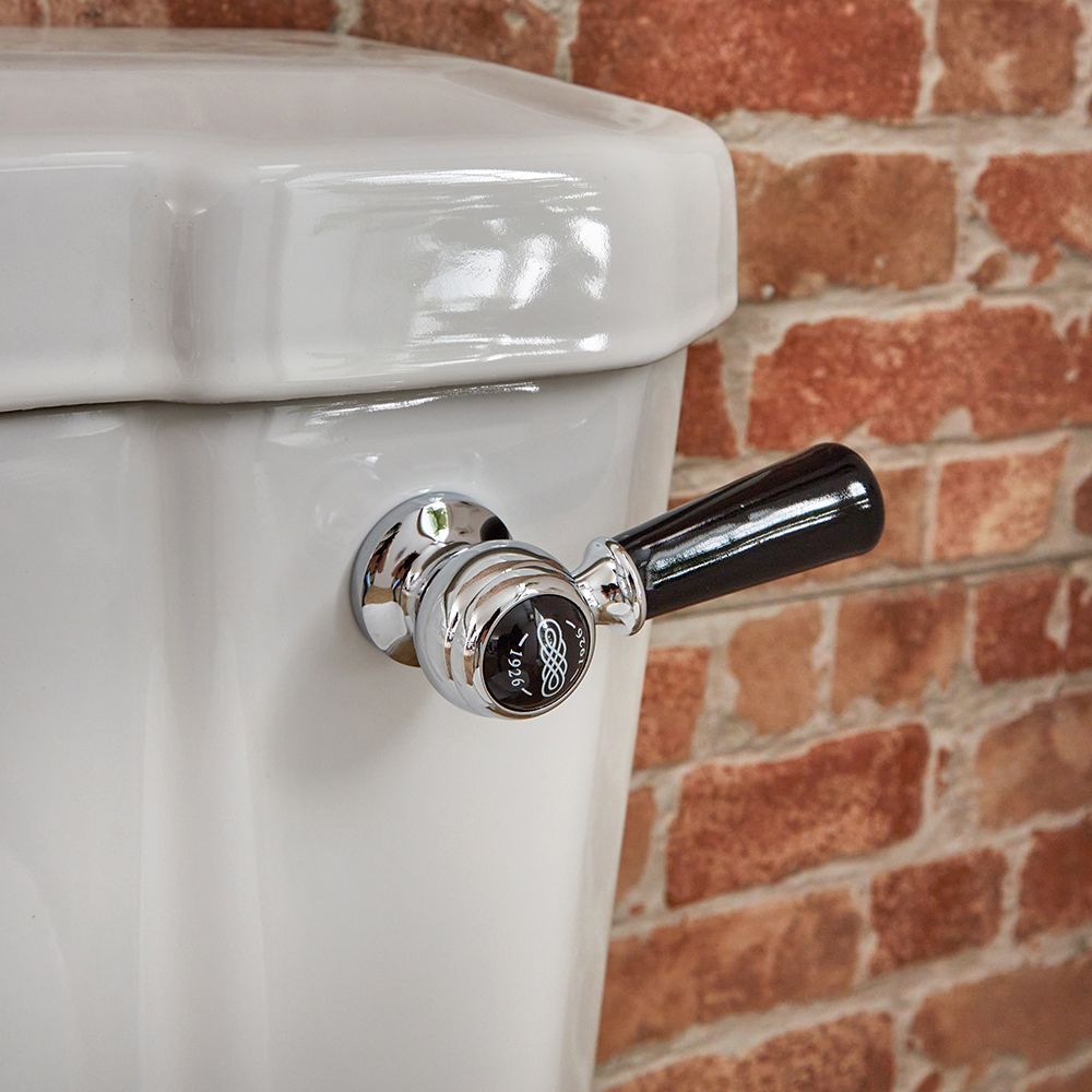 Cuvette WC avec abattant effet chêne, réservoir et levier de chasse d'eau –  Noir – Hauteur confortable – Richmond