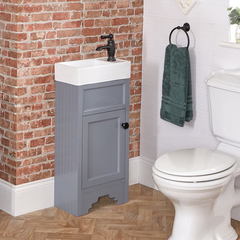 Meuble lavabo rétro – Gris fumé – 121 cm – Avec double lavabo – Choix de  poignées – Thornton