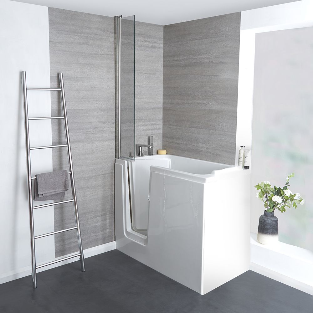 Baignoire douche à porte - Avec pare-baignoire, tablier frontal et latéral  - 170 x 85 cm - Option angle gauche ou droit - Merso