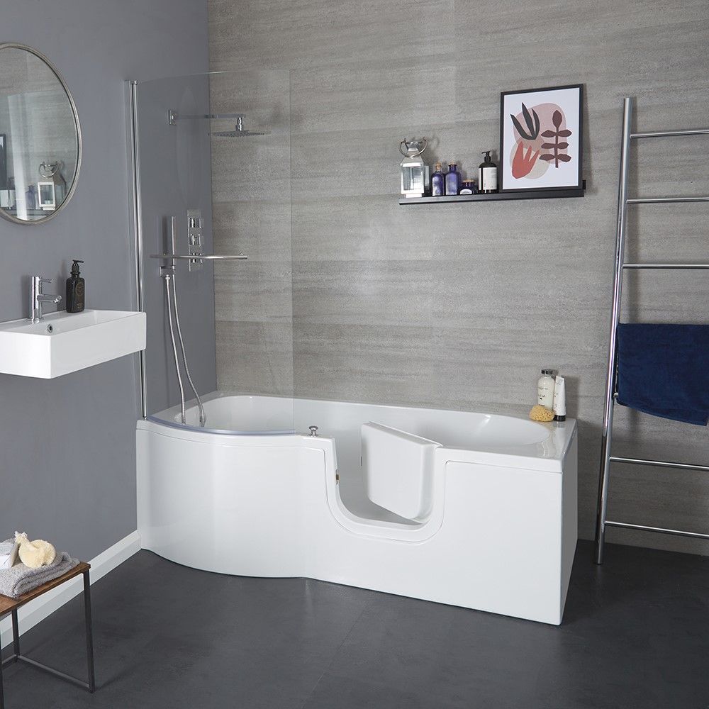 Baignoire douche à porte - Avec pare-baignoire, tablier frontal et latéral  - 167,5 x 85 cm - Option angle gauche ou droit - Merso