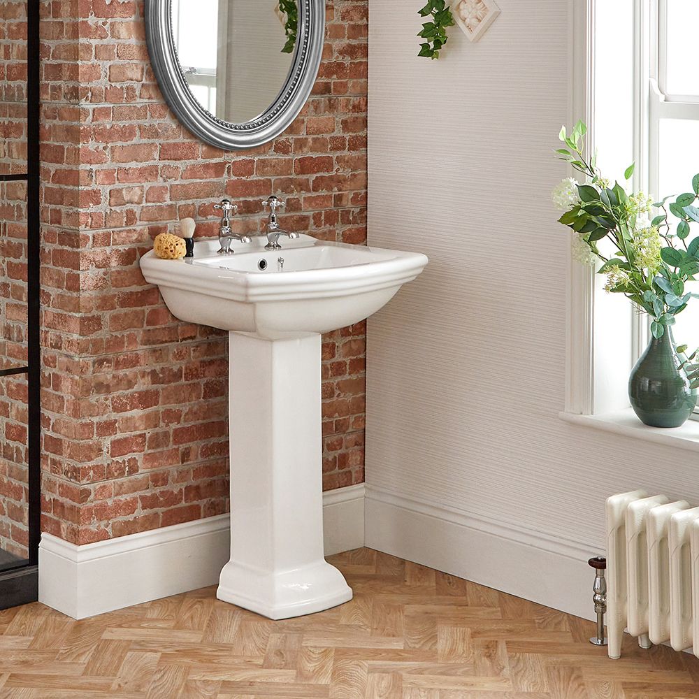 Lavabo sur colonne rétro - 2 trous - 88 cm x 60,5 cm x 47 cm - Chester