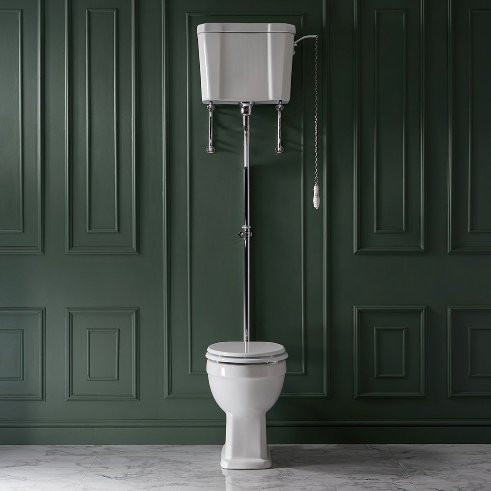 Cuvette WC rétro blanche avec réservoir haut et abattant blanc – Choix de finitions du kit pour chasse d’eau - Richmond