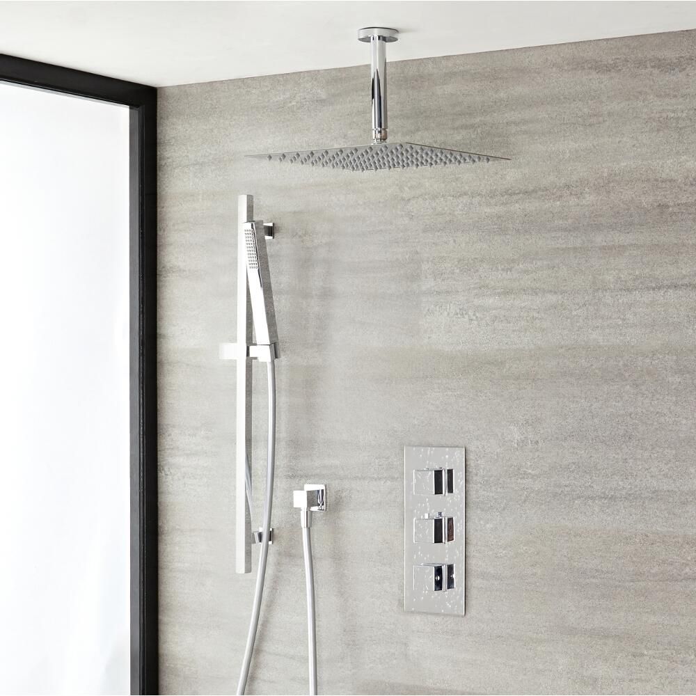 Douche encastrable thermostatique – Avec pommeau de douche de 30 cm et douchette sur rampe – 2 fonctions – Chromé – Kubix