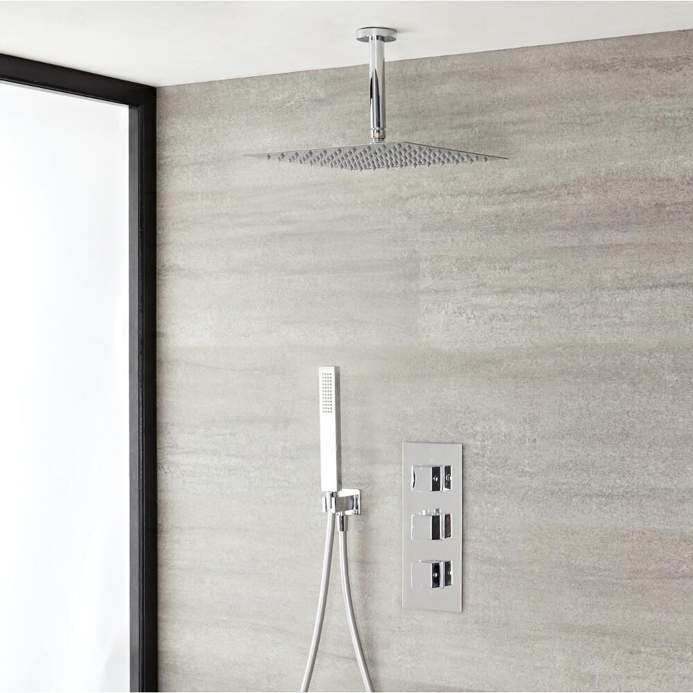 Kit de douche thermostatique avec pommeau plafonnier et douchette – 2 fonctions – Chromé - Kubix
