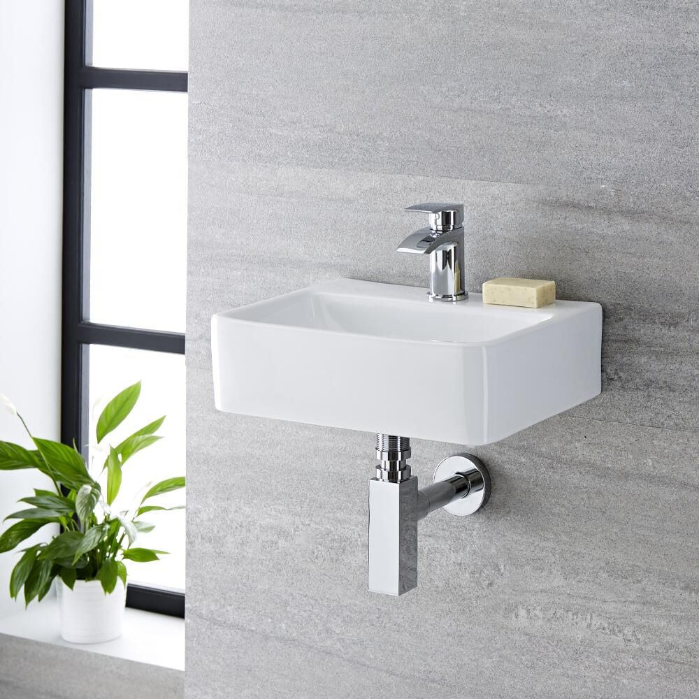 Lave-main suspendu moderne – Blanc – 40 cm x 29,5 cm (1 trou) - Exton