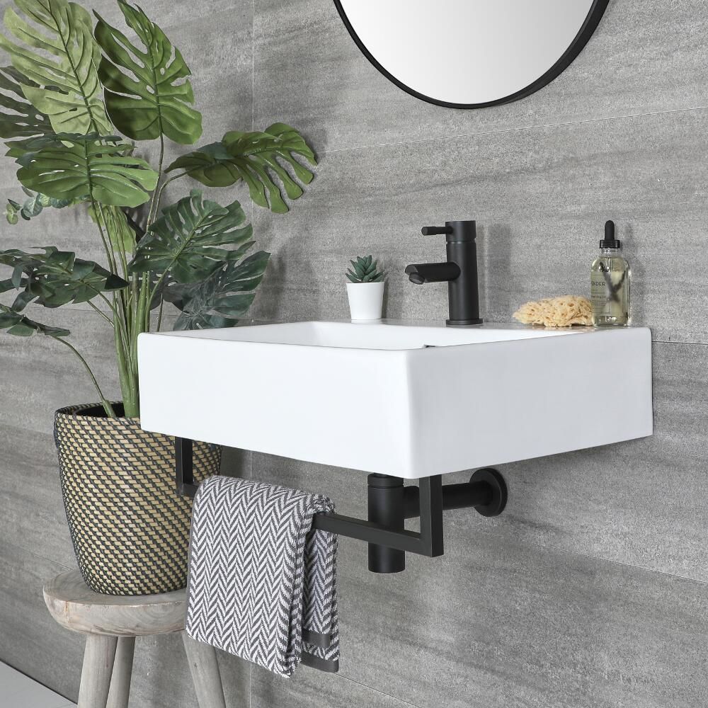 Vasque suspendue rectangulaire – Blanc – 60,5 cm x 43 cm – Porte-serviettes noir – Sandford