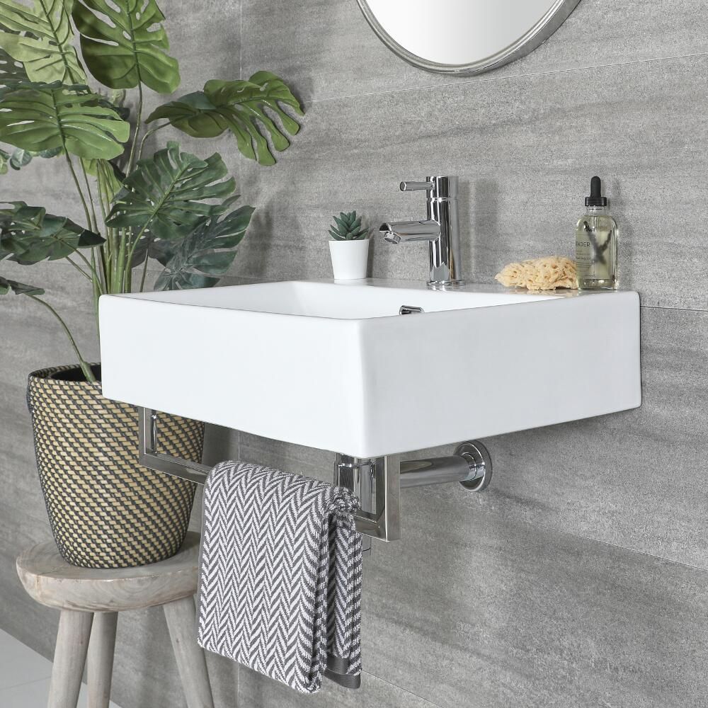 Vasque suspendue rectangulaire – Blanc – 60,5 cm x 43 cm – Porte-serviettes chromé – Sandford