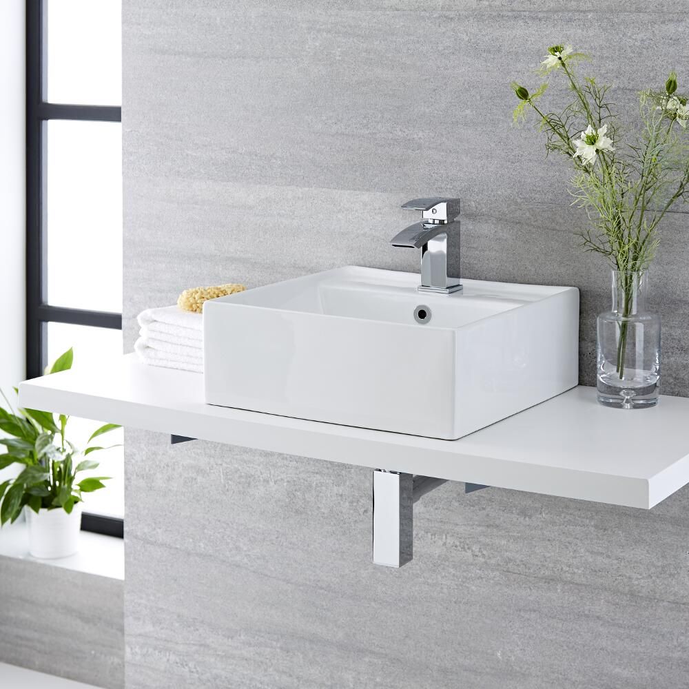 Vasque à poser – Avec mitigeur monotrou – Blanc – 41 cm x 41 cm – Halwell