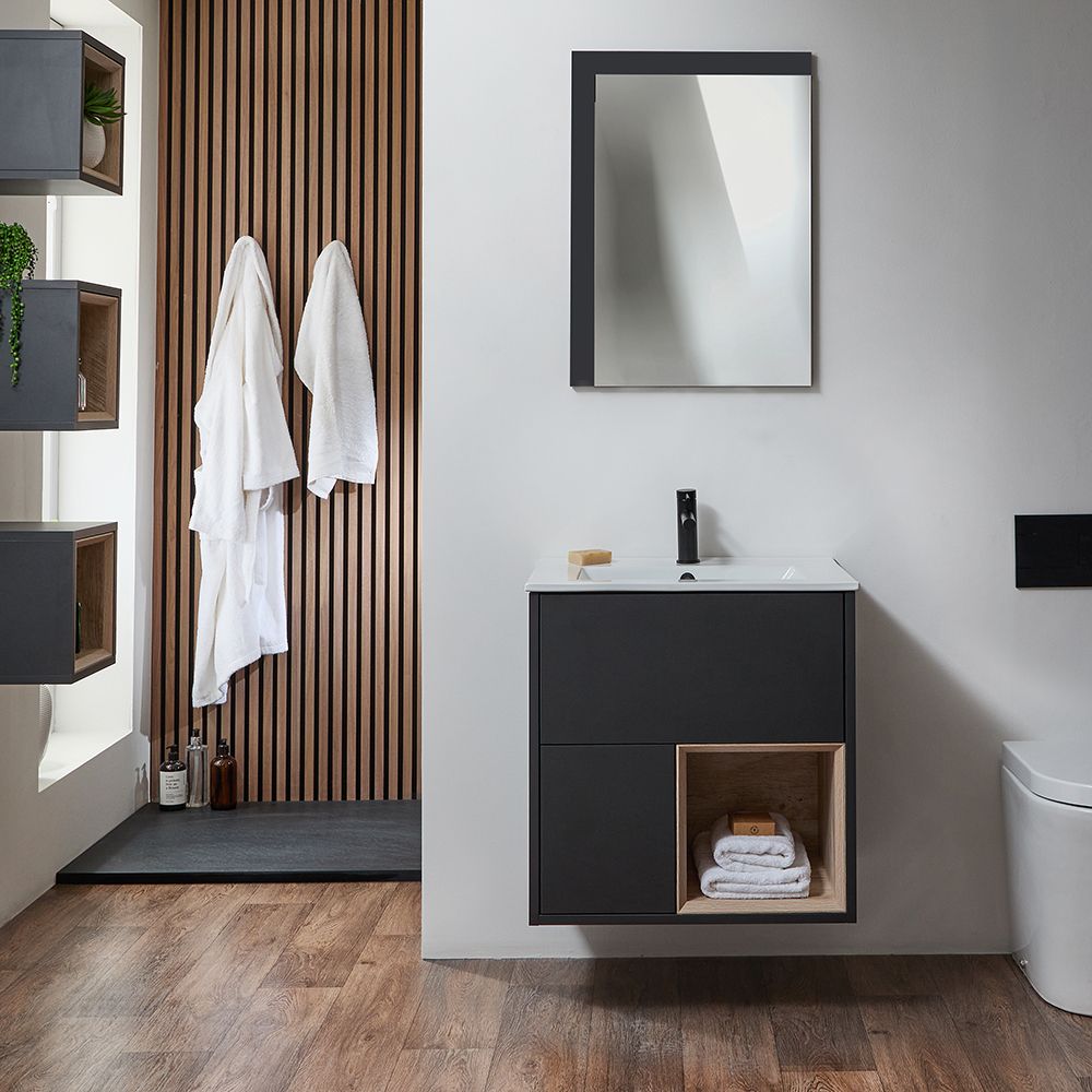 Meuble de salle de bain suspendu avec niche ouverte – 61 cm – Choix de finitions, de lavabos et lumières LED en option – Hoxton