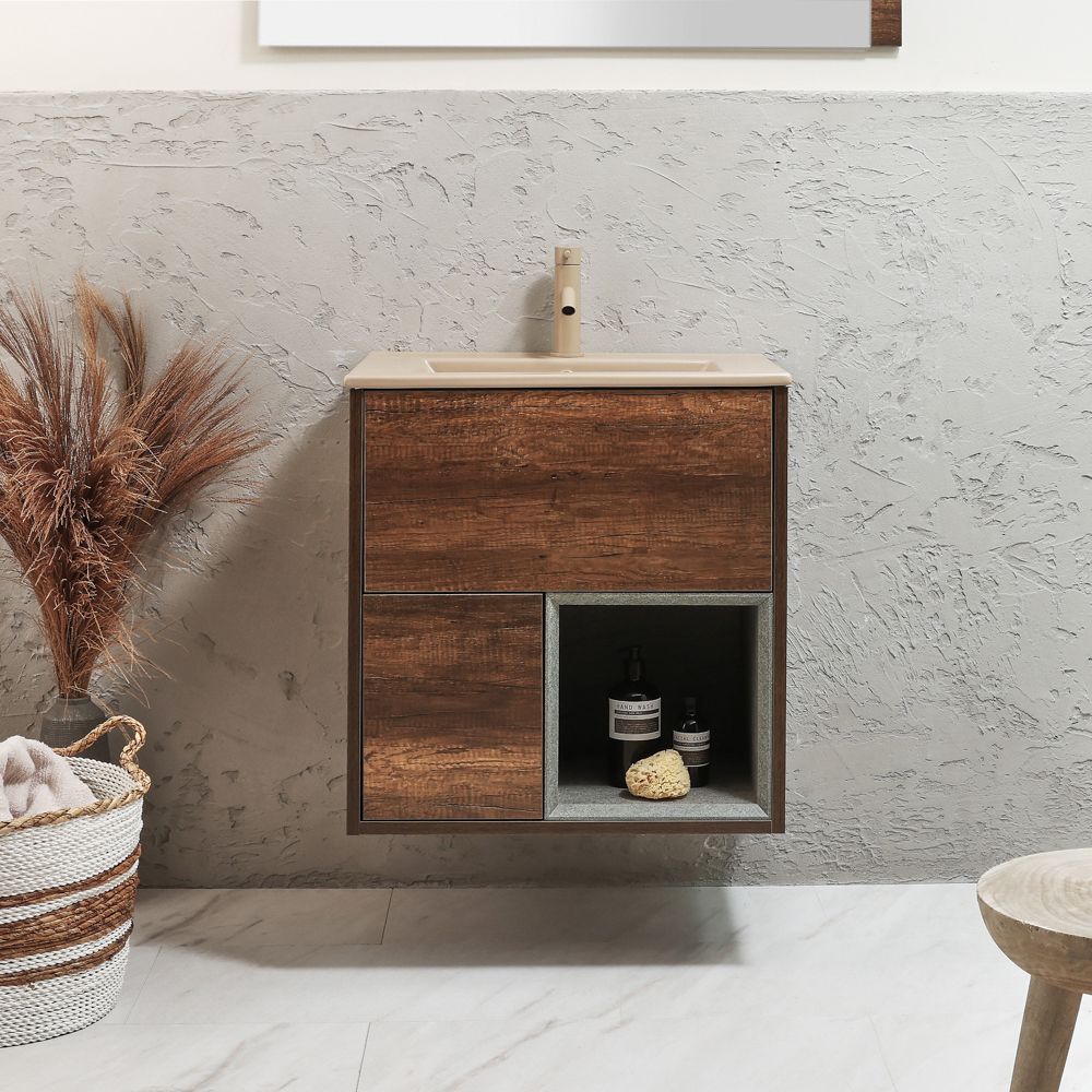 Meuble lave-mains suspendu avec niche – 61,2 cm – Avec lavabo – Choix de finitions, de lavabos et lumières LED en option – Hoxton