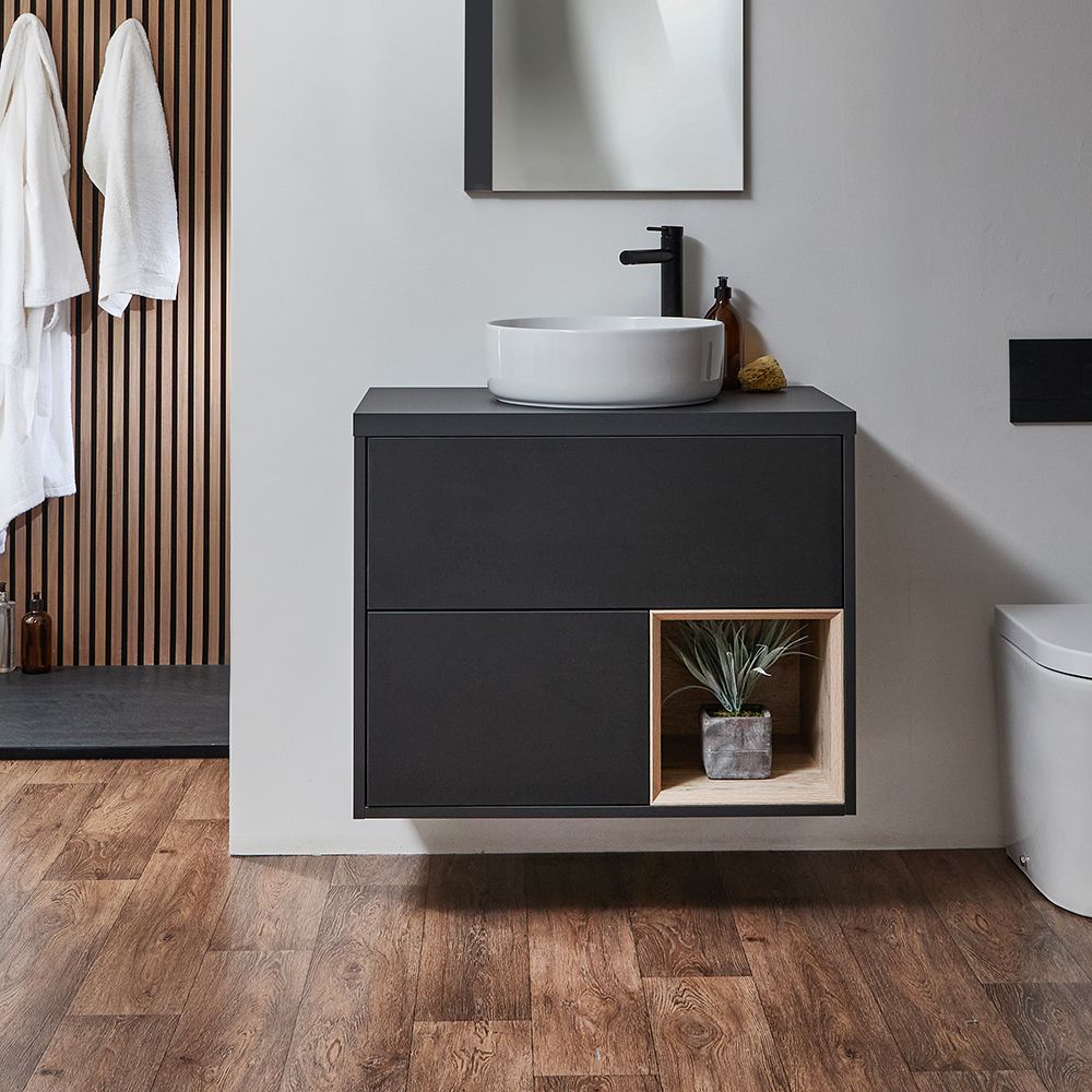 Meuble de salle de bain suspendu avec niche – 80 cm – Choix de finitions, vasque et lumières LED en option – Hoxton