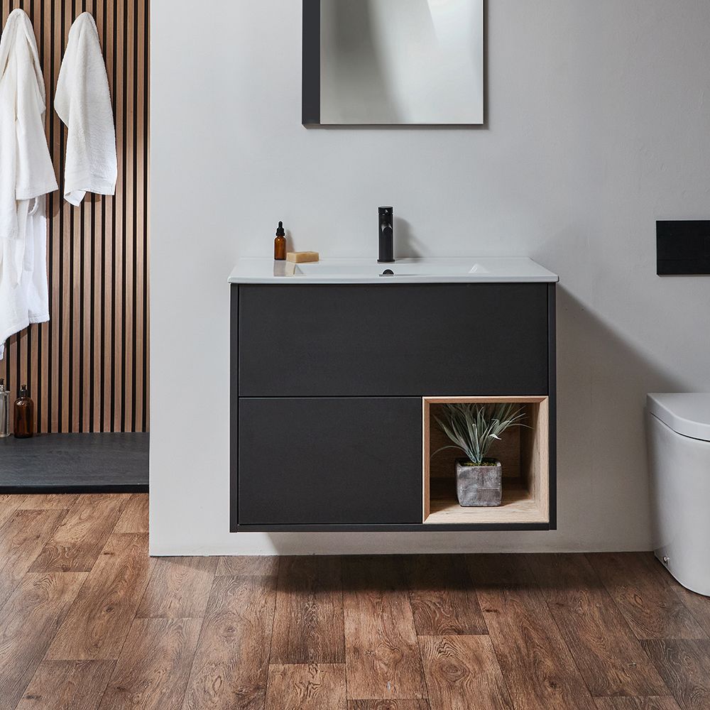 Meuble de salle de bain suspendu avec niche – 81 cm – Choix de finitions, de plan vasques et lumières LED en option – Hoxton