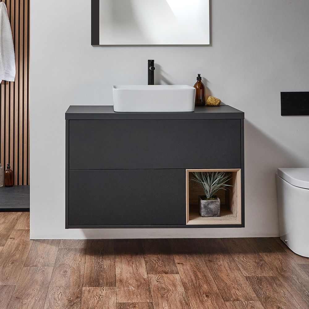 Meuble de salle de bain suspendu avec niche – 100 cm – Choix de finitions, vasque et lumières LED en option – Hoxton