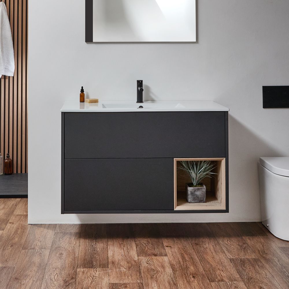 Meuble de salle de bain suspendu avec niche – 101 cm – Avec lavabo – Choix de finitions et lumières LED en option – Hoxton