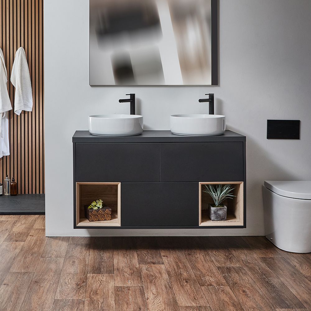 Meuble double vasque suspendu - Avec niches - 120 cm – Choix de finitions, vasque et lumières LED en option – Hoxton