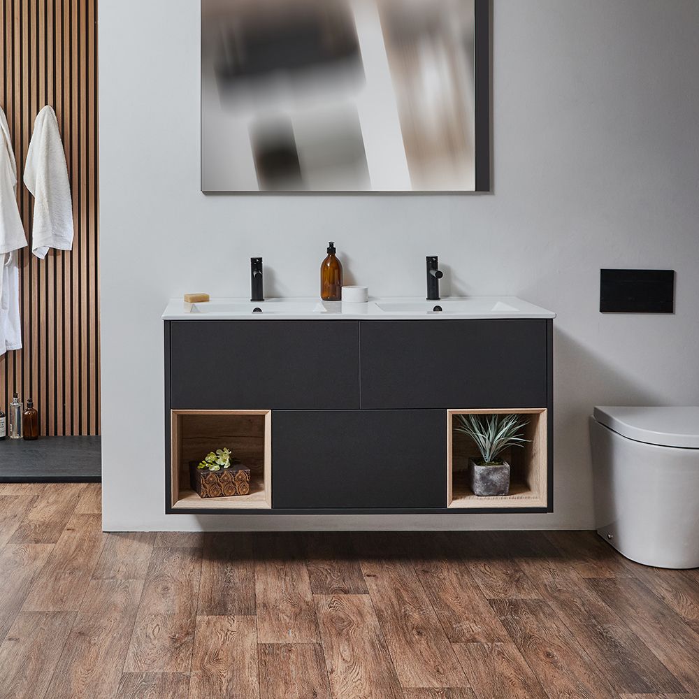 Meuble double vasque suspendu - Avec niches - 121 cm – Choix de finitions, de plan vasques et lumières LED en option – Hoxton