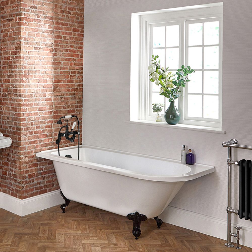 Baignoire semi-îlot rétro d’angle – Blanc – 168,5 cm x 75 cm – Pieds noirs – Option d’angle droit ou gauche - Legend