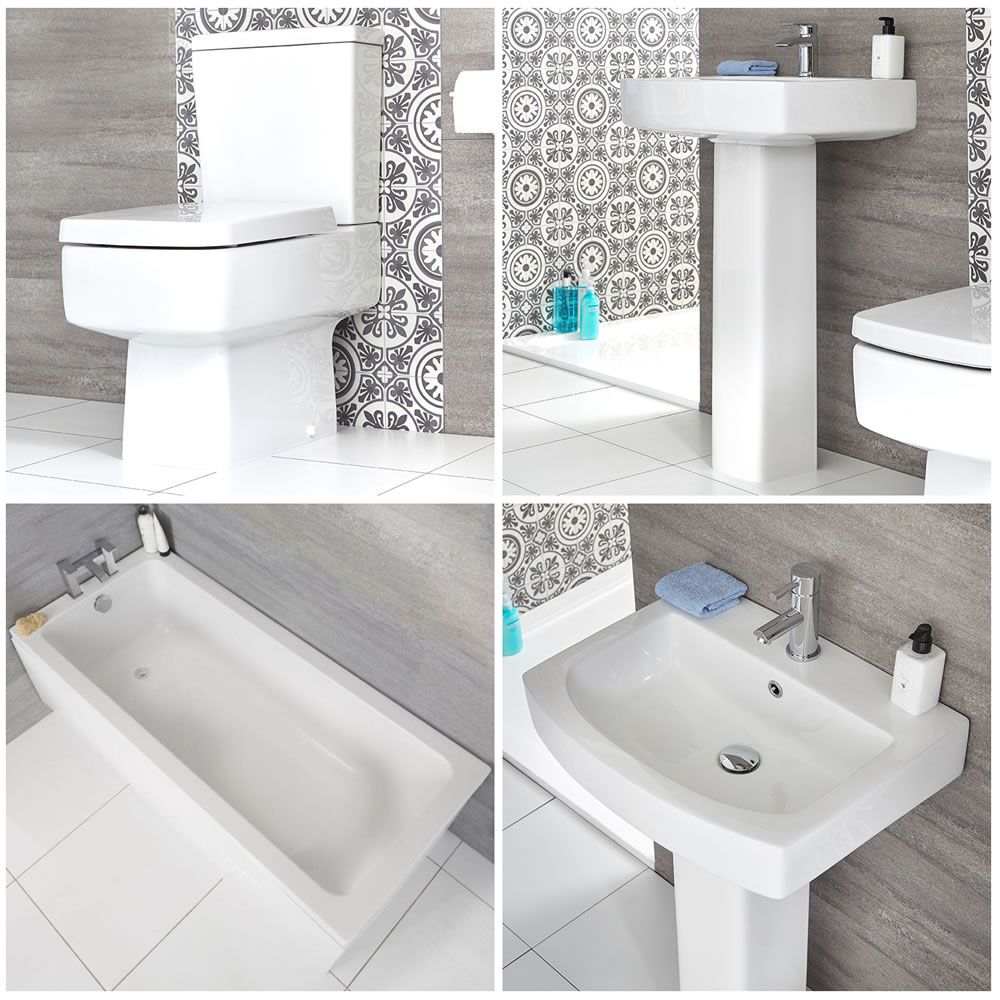Ensemble salle de bain - Baignoire rectangulaire, pack WC & lavabo cubique sur colonne - Sandford