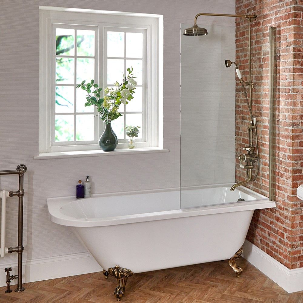 Baignoire semi-îlot rétro d’angle avec pare-baignoire – Blanc – 168,5 cm x 75 cm – Pieds or brossé – Option d’angle droit ou gauche - Legend