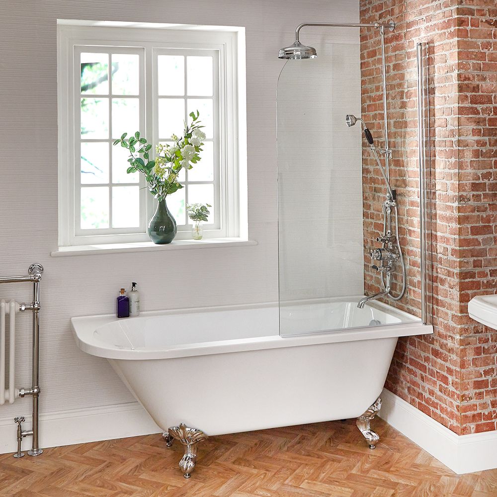Baignoire semi-îlot rétro d’angle avec pare-baignoire – Blanc – 168,5 cm x 75 cm – Choix de pieds – Option d’angle droit ou gauche – Legend