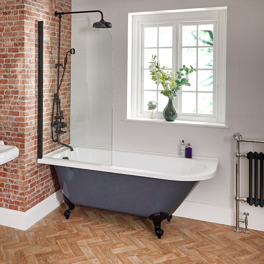 Baignoire semi-îlot rétro d’angle avec pare-baignoire – Gris pierre – 168,5 cm x 75 cm – Choix de pieds – Option d’angle droit ou gauche – Elton