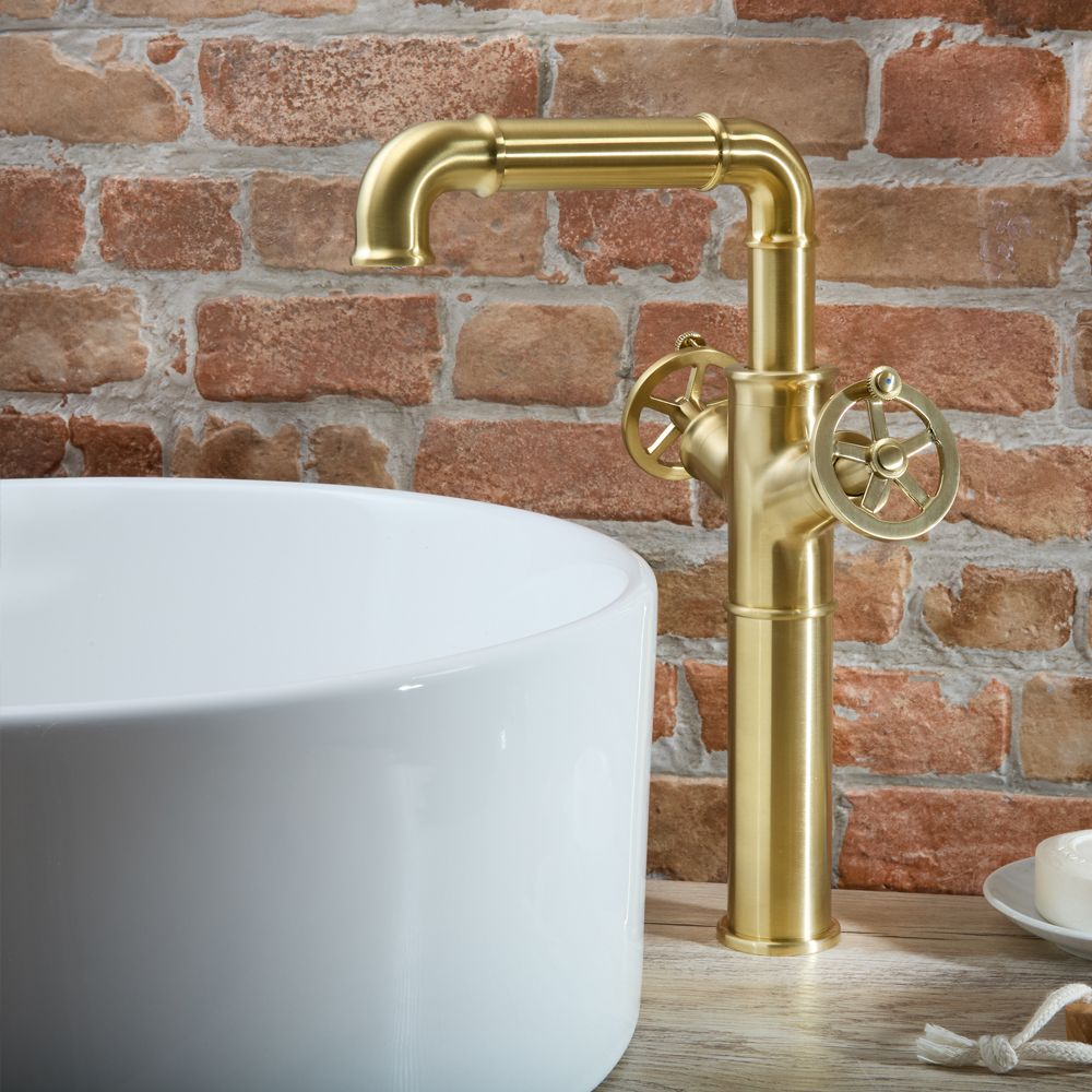 Mitigeur lavabo haut – Design industriel (Steampunk) – Or satiné – Zandra