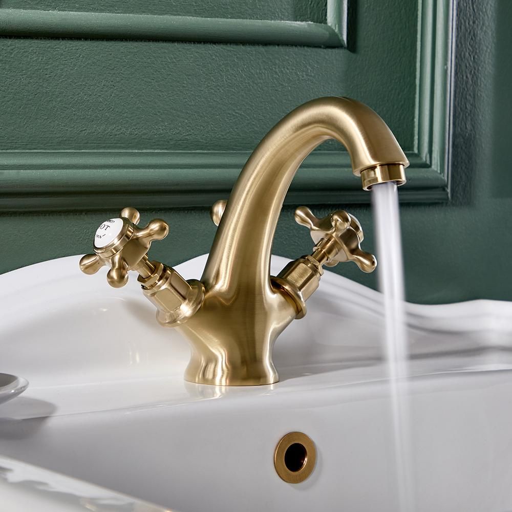 Mélangeur lavabo rétro monotrou – Commandes croisillon – Or satiné – Elizabeth