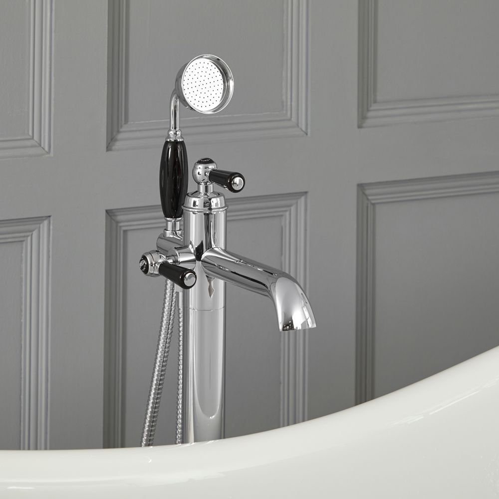 Mitigeur bain douche rétro en îlot – Commande Levier – Chromé et noir – Elizabeth