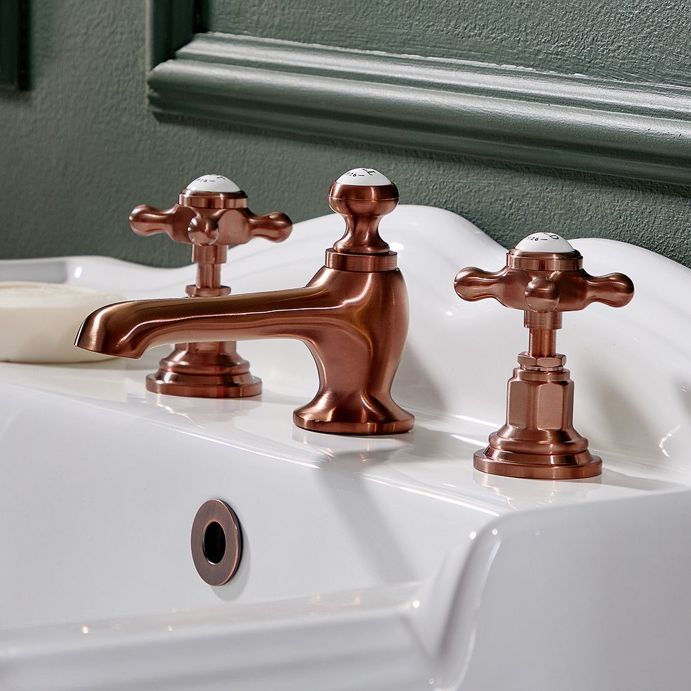 Mélangeur lavabo rétro – 3 trous – Commandes croisillon – Cuivre satiné – Elizabeth