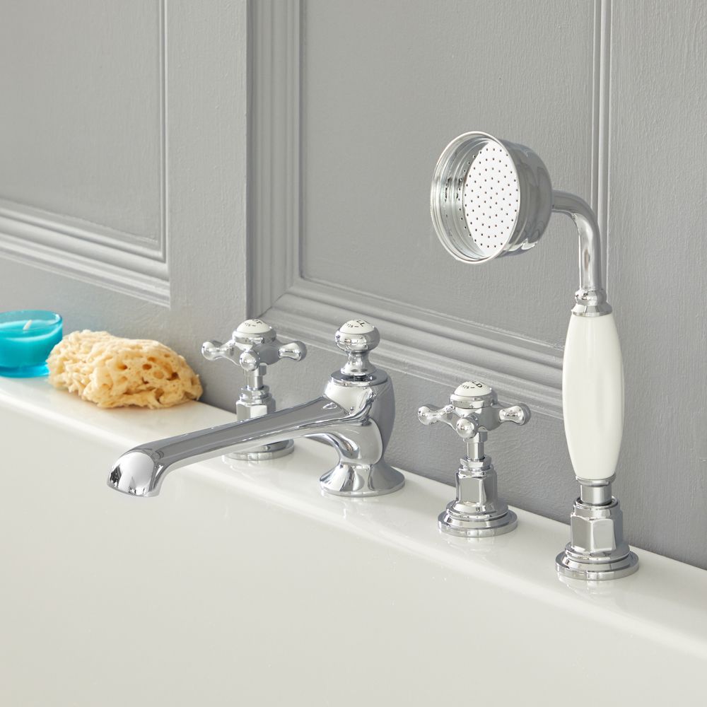 Mélangeur baignoire douche rétro à croisillon - 4 trous - choix de finitions - Elizabeth