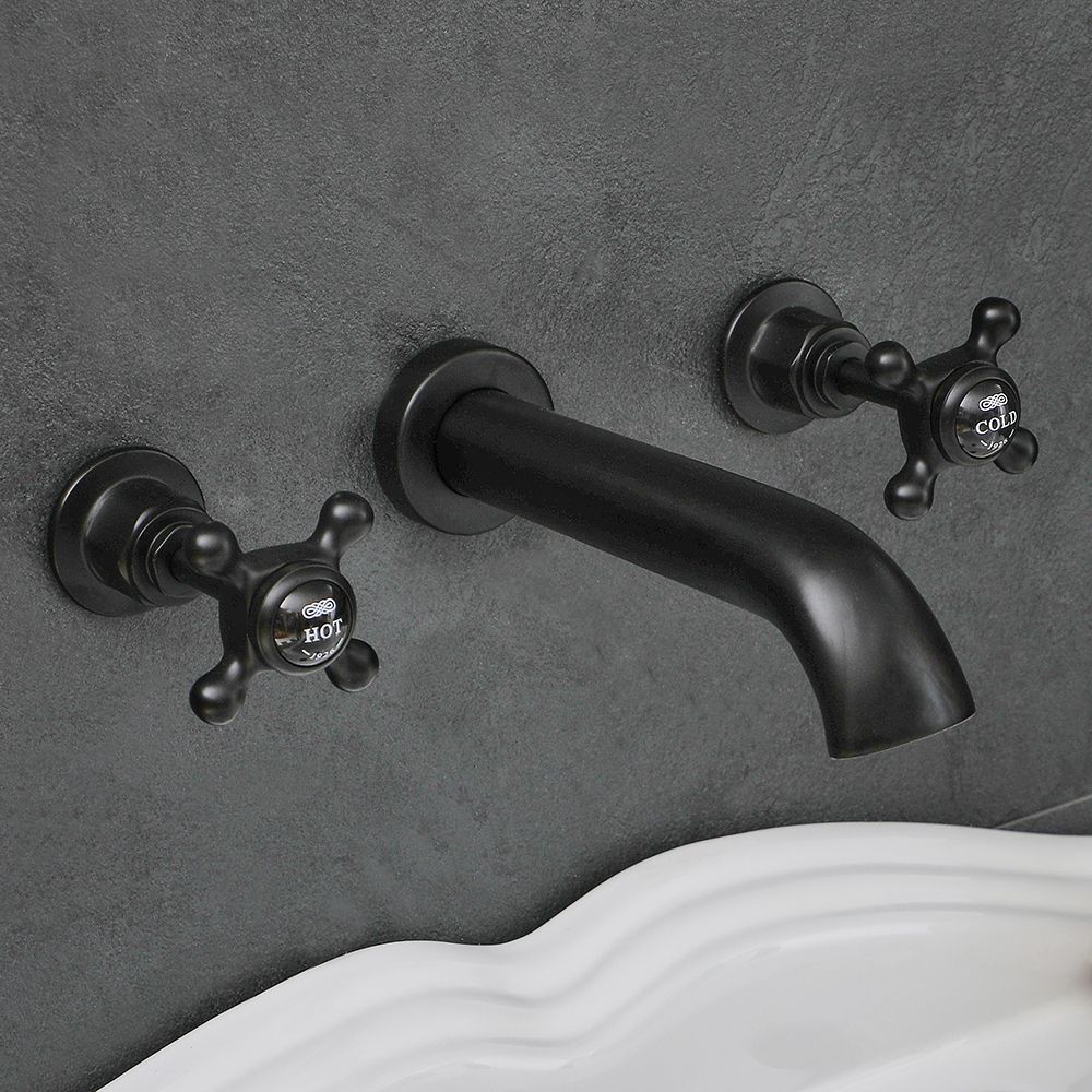 Mélangeur lavabo mural rétro – Commandes en croisillon – 3 trous – Noir - Elizabeth