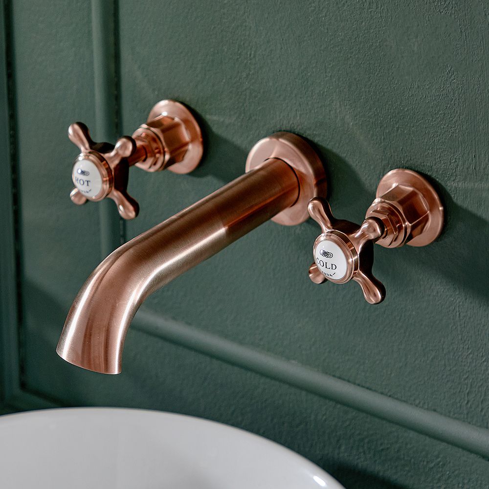 Mélangeur lavabo mural rétro – 3 trous – Commande en croisillon – Cuivre satiné – Elizabeth
