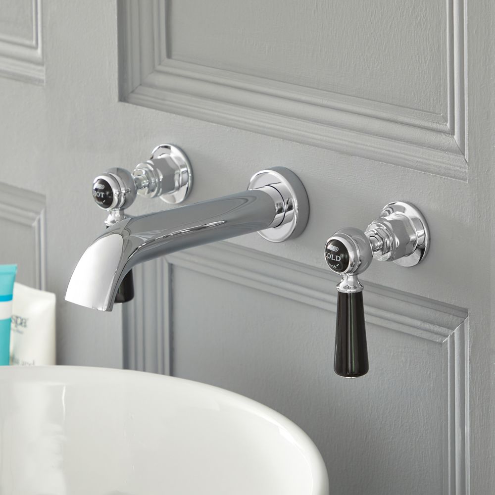 Mélangeur lavabo mural rétro à 3 trous – Commandes à levier – Chromé et noir  - Elizabeth